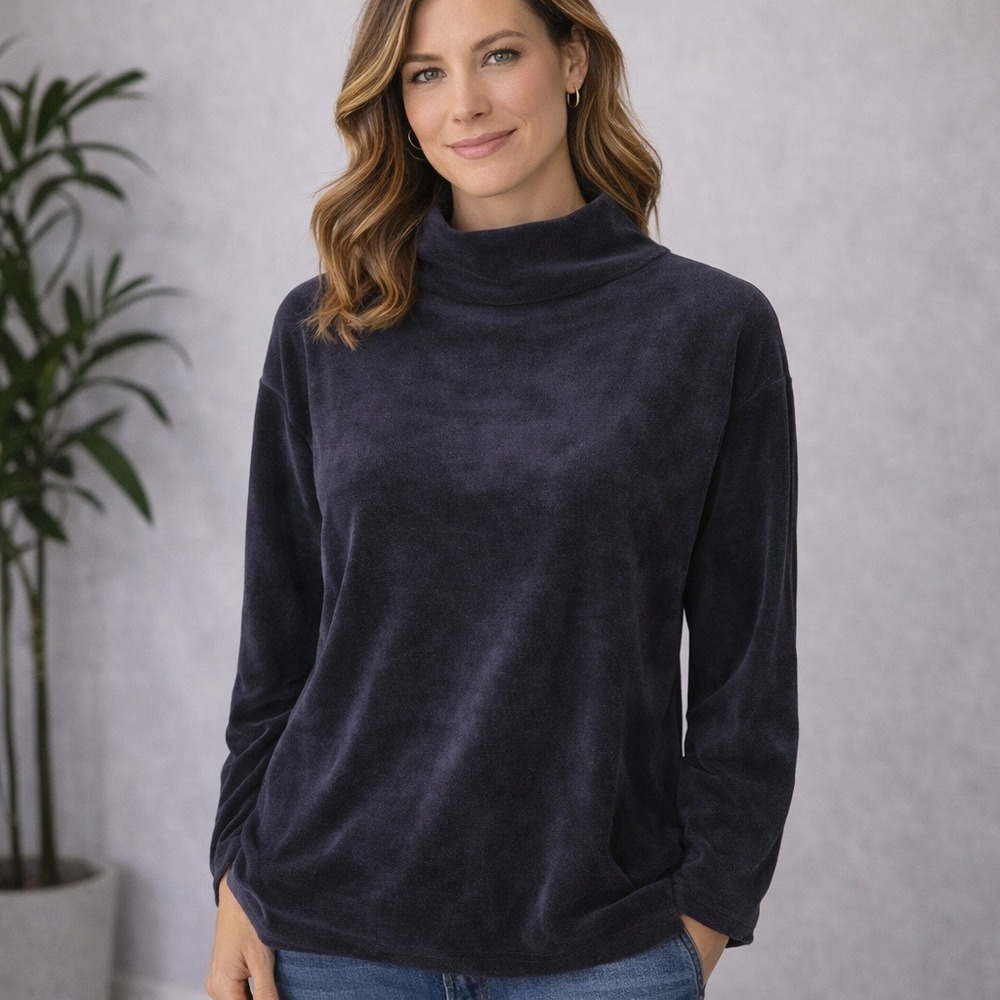 Eileen Fisher Womens Navy Organic Cotton Velour Funnel Neck Top S/P